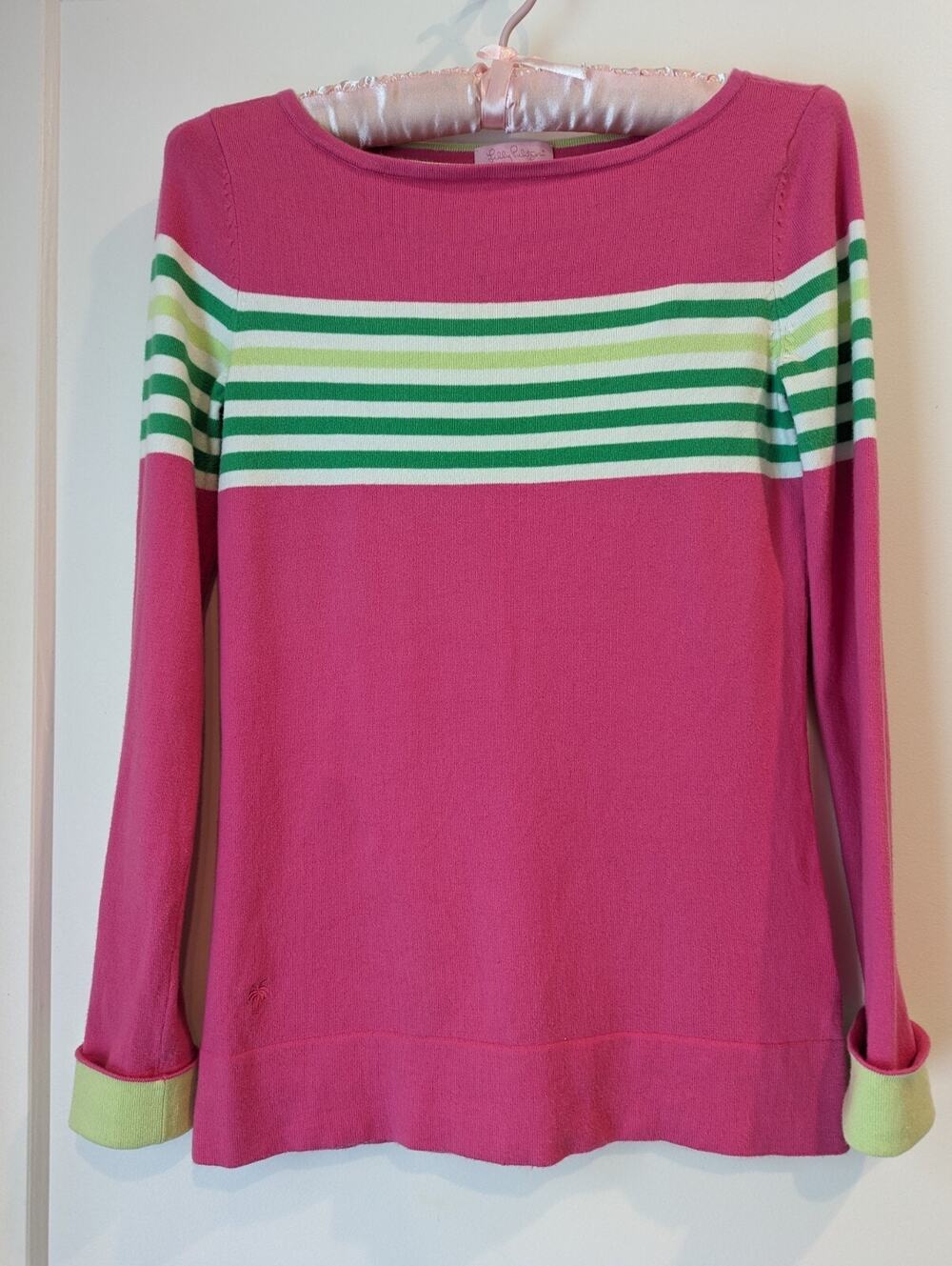 Lilly Pulitzer Small Pink W/Green Stripe Long Sleeve Knit Top Soft Girl Preppy